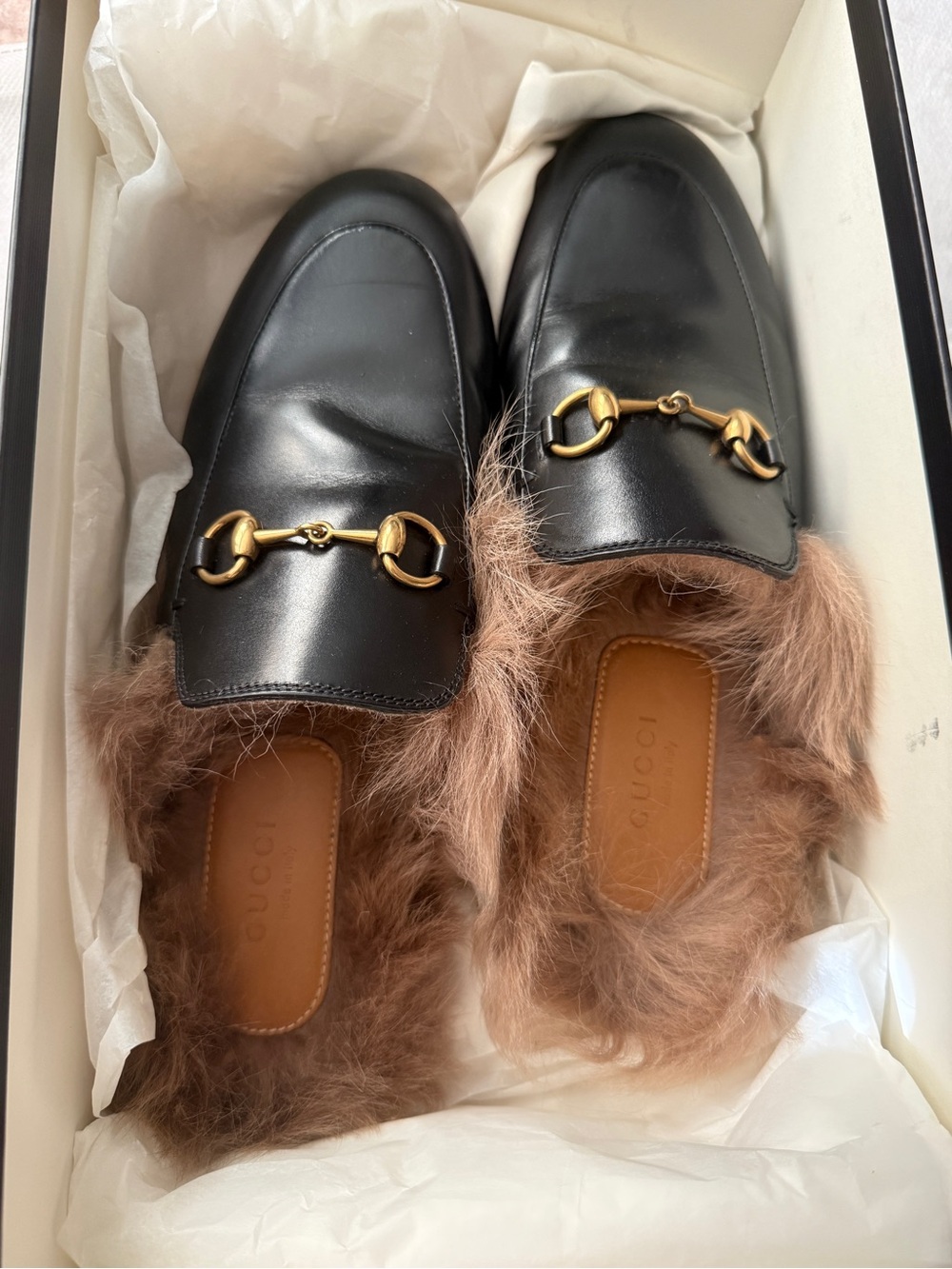Gucci Black Leather Fur-Trim Horsebit Mules Size 7 Great Condition - Picture 1 of 4